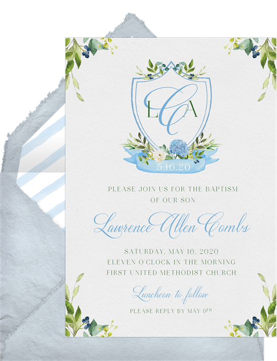 Monogram Crest baptism invitations from Greenvelope